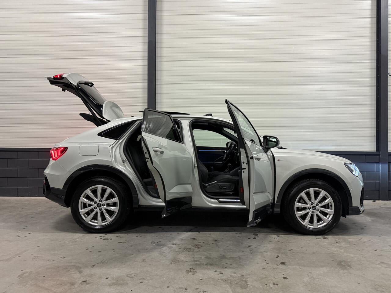 Audi Q3 Sportback 45 TFSI e S-Line PANO/B&O/TREKHAAK/VOL-LEER/MATRIX/MEMORY/SFEER/ACC/KEYLESS/ALCANTARA-INTERIEURDELEN/PRIVACY/BLACK-OPTIC/TAUSILBER/VOLLEDIG AUDI DEALER HISTORIE