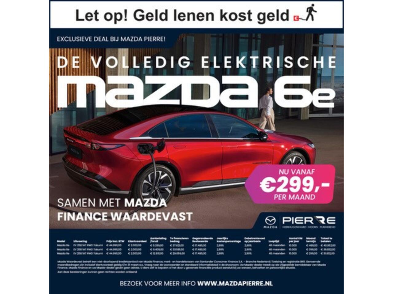 Mazda 6 6e NU V.A ¤ 299,- PER MAAND! *Takumi PLUS | 80 KWh | TOT 552 KM ACTIERADIUS | LONG RANGE NAVIGATIE | PANORAMA DAK | 19 INCH LMV | RONDOMZICHT CAMERA | WINTERPAKKET NU V.A. ¤ 299,- PER MAAND! *