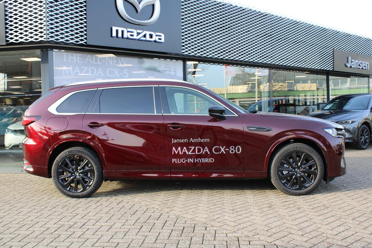 Mazda CX-80 2.5 e-SkyActiv PHEV 327 Homura Plus 6p. , Demovoordeel ¤ 8.840,-, Automaat, Pano/Schuifdak, Klasse 3 Alarm, 6-Zits, Leder, 360 Camera, Bose, Adap Cruise, LMV 20 Inch