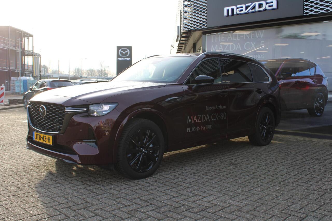 Mazda CX-80 2.5 e-SkyActiv PHEV 327 Homura Plus 6p. , Demovoordeel ¤ 8.840,-, Automaat, Pano/Schuifdak, Klasse 3 Alarm, 6-Zits, Leder, 360 Camera, Bose, Adap Cruise, LMV 20 Inch