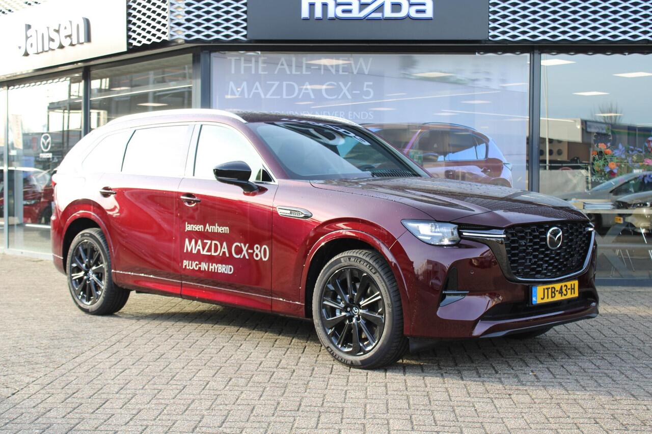 Mazda CX-80 2.5 e-SkyActiv PHEV 327 Homura Plus 6p. , Demovoordeel ¤ 8.840,-, Automaat, Pano/Schuifdak, Klasse 3 Alarm, 6-Zits, Leder, 360 Camera, Bose, Adap Cruise, LMV 20 Inch