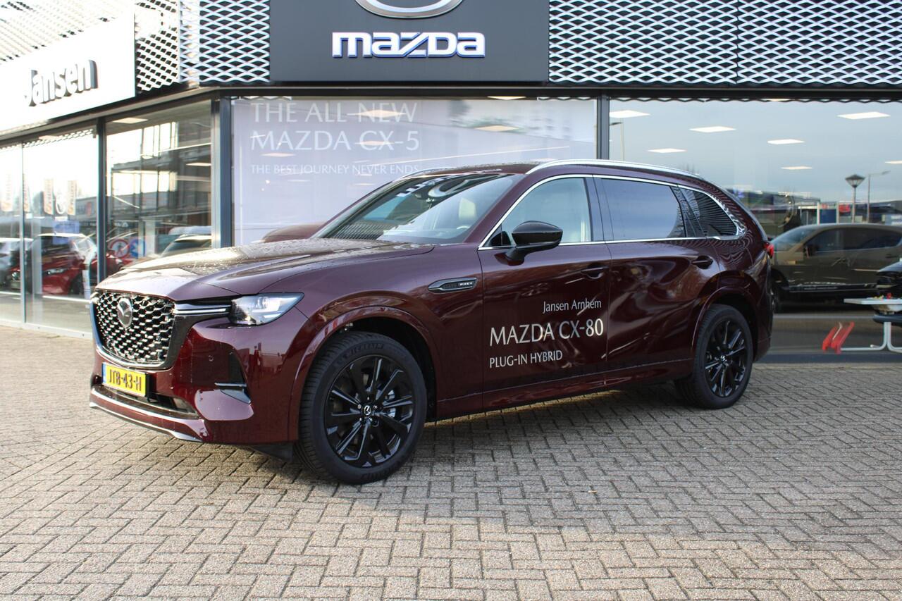 Mazda CX-80 2.5 e-SkyActiv PHEV 327 Homura Plus 6p. , Demovoordeel ¤ 8.840,-, Automaat, Pano/Schuifdak, Klasse 3 Alarm, 6-Zits, Leder, 360 Camera, Bose, Adap Cruise, LMV 20 Inch
