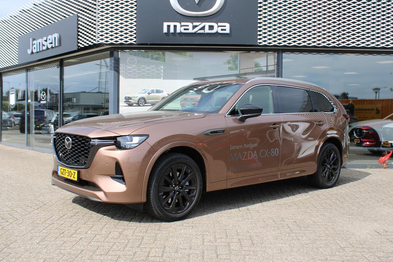 Mazda CX-80 2.5 e-SkyActiv PHEV Homura Plus , Demovoordeel ¤ 13.740,-, Automaat, Pano/Schuifdak, Klasse 3 Alarm, 7-Zits, Leder, 360 Camera, Bose, Adap Cruise, LMV 20 Inch