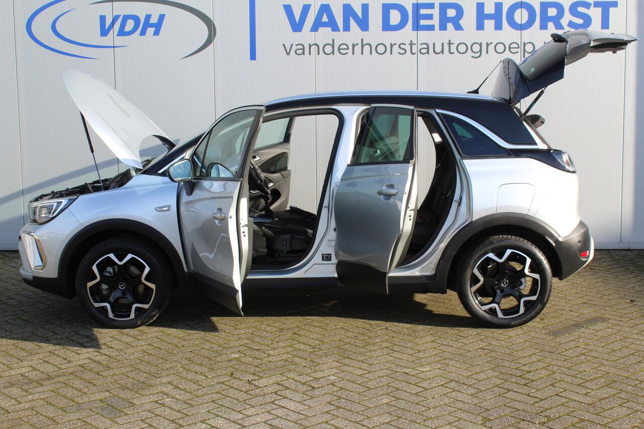 Opel Crossland 1.2-110pk Turbo 'Elegance'. Mooie en luxe hoogzitter met weinig km's ! Volautm. airco dual, cruise control, camera, comfortstoelen, metallic lak, LM wielen, navigatie, telefoonvoorb., lane- en side assist, parkeersensoren v+a, LED verlichting etc.