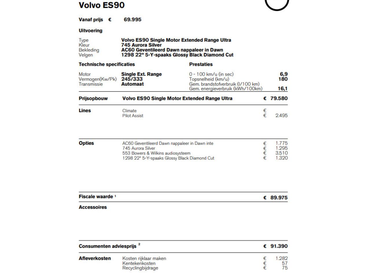 Volvo ES90 333PK Automaat Single Ext. Range Ultra Luchtvering / Bowers & Wilkins / 22" / Pilot Assist Pack / Visual Park assist / Geventileerde voor- en achterstoelen / Panoramadak / Massagefunctie voorstoelen / HD Pixel LED koplampen