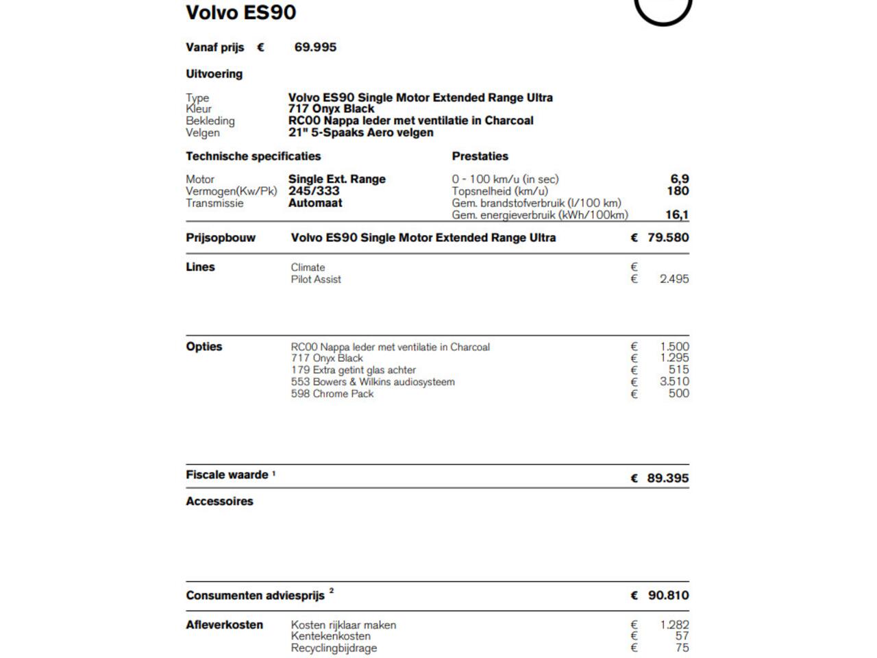 Volvo ES90 333PK Automaat Single Ext. Range Ultra